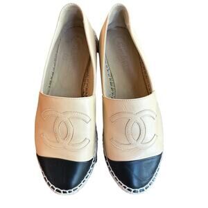 CHANEL CC Lambskin Cap Toe Espadrilles Slip On Flat Size EU 37 US 6.5